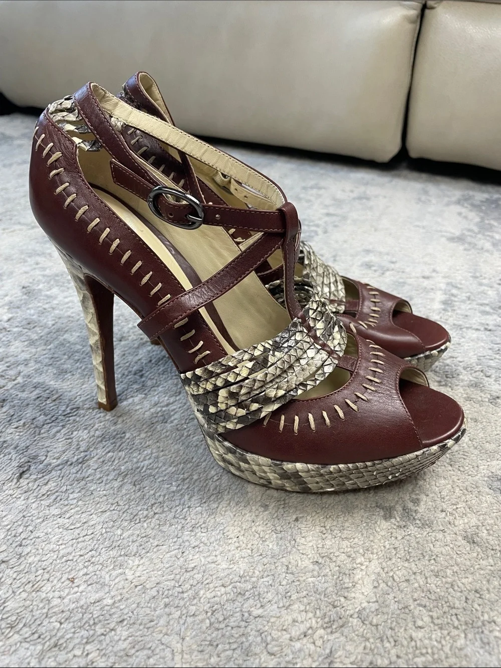 Alexandre Birman Python Leather Platform Heels Brown T Strap Size 9.5